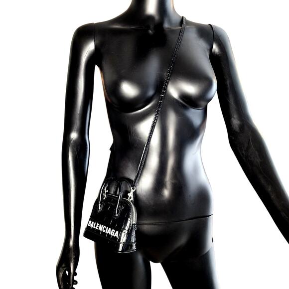 BALENCIAGA Black Calfskin Logo Crocodile Embossed Mini Ville Top Handle Bag XXS - Picture 2 of 16